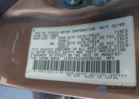 1999 Toyota Land Cruiser from USA, damaged, VIN JT3HT05J4X0056193